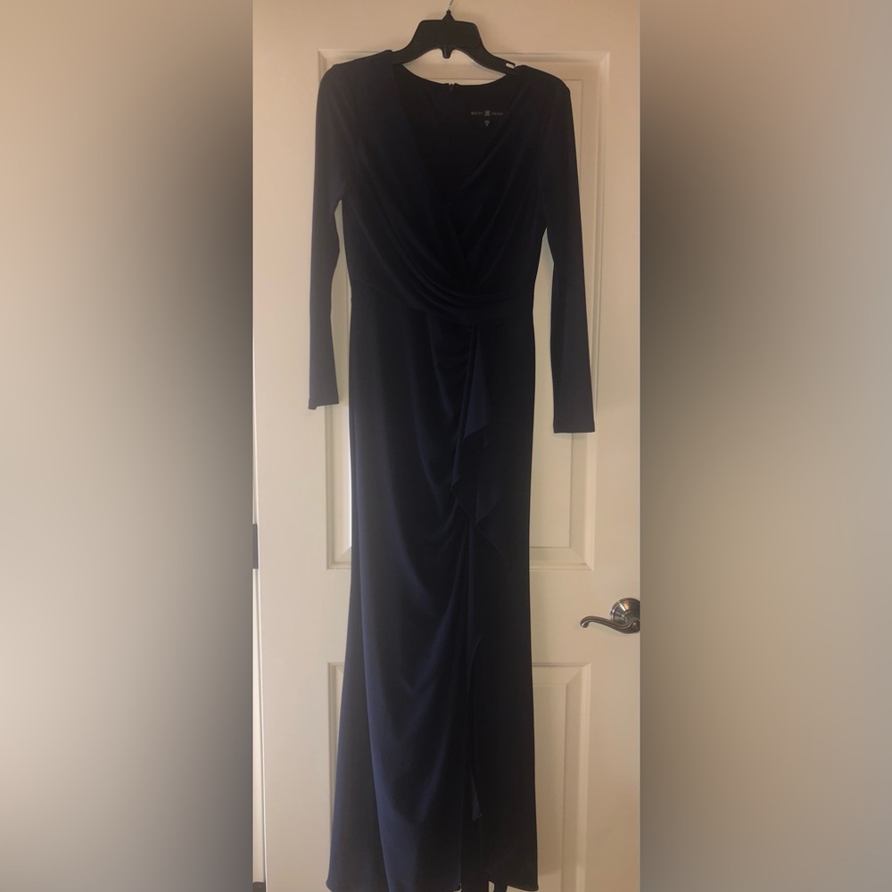 Betsy & Adam Navy Blue Floor Length Ruffled V-neck Gown Stretch Jersey Size 6 - Picture 2 of 7